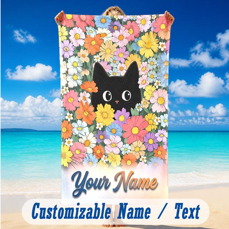 Cat Theme Beach Towel Personalized Custom Name & Text Soft Quick Dry Beach Towel for Swimming Travel