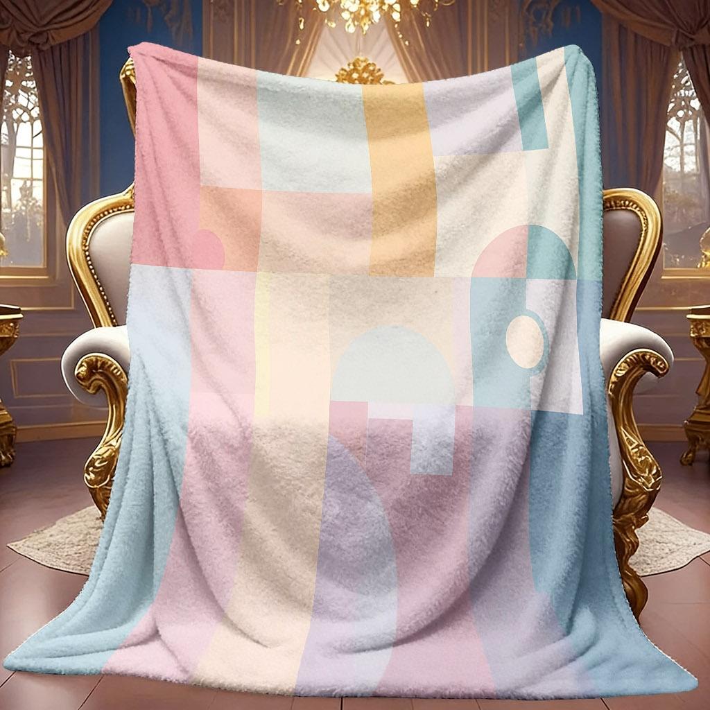 1pc 2D Geometric Color Block Patchwork Theme Pattern Flannel Blanket, Soft HD Digital Print, Cooling Blanket All-Season Use! Soft And Breathable 100%