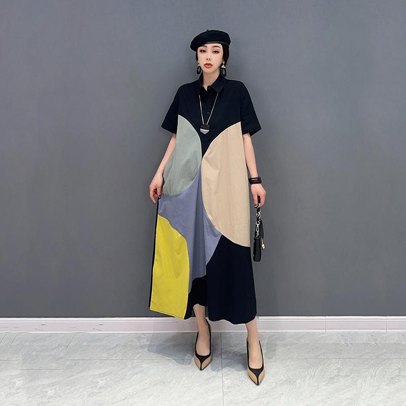 

Платье XITAO контрастного цвета, модное свободное платье с короткими рукавами и отложным воротником ZY8451 One Size чёрный