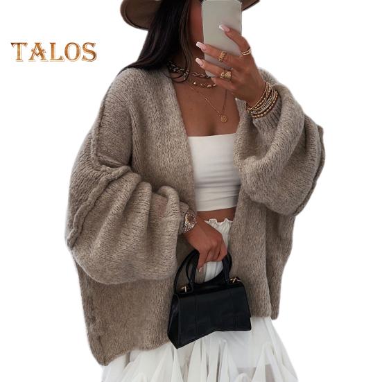 Cardigan feminino lanterna manga longa cor sólida oversized malha cardigan frente aberta leve suéter outwear