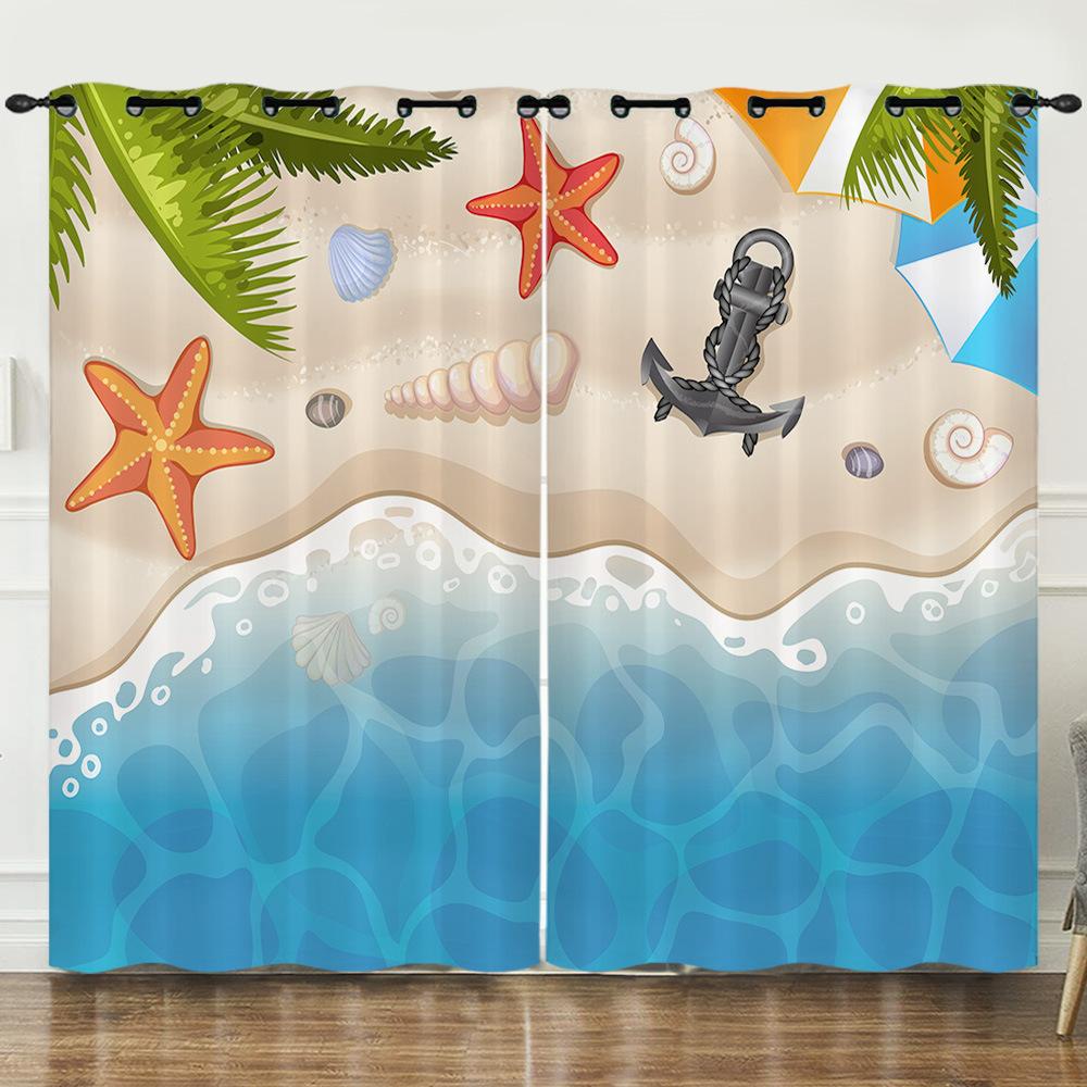 

Curtains Ocean Beach Vacation Illustration 3D Digital Printing Blackout Curtain Perforated Bay Window 2pcs*97cm*114cm*2