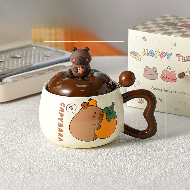 Taza de Capibara Taza Linda con Tapa y Cuchara Cerámica Creativa Estilo para Niños Taza para Desayuno Infantil Gran Capacidad