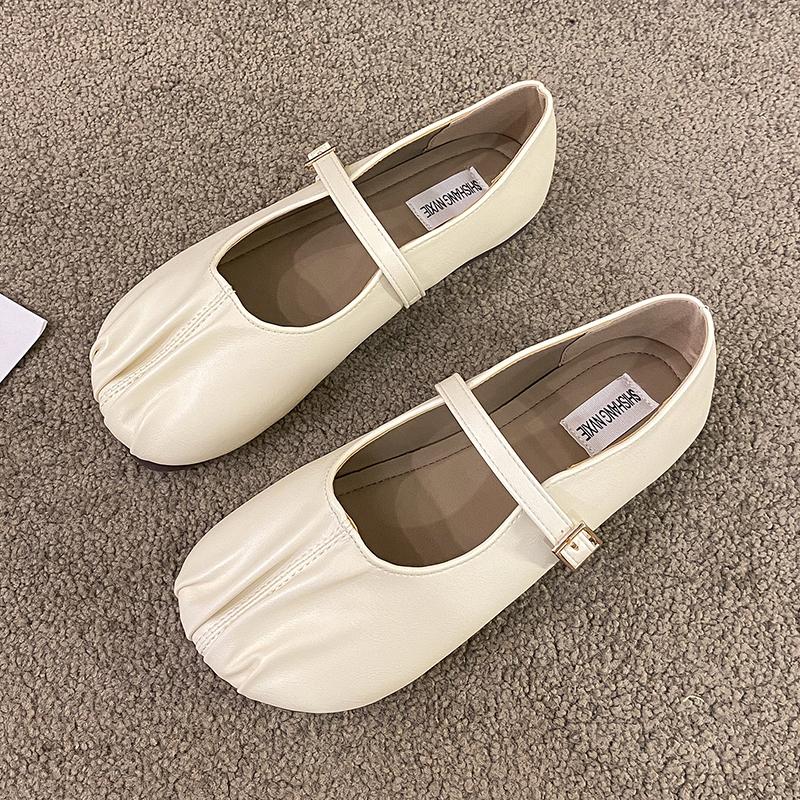 Spring New Flat Shoes for Women Round Head Shallow Mouth Fold Metal Buckle Line with Soft Sole Non-slip Single Shoes