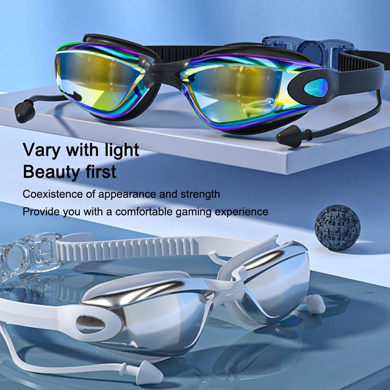 Schwimmbrille Schwimm-Ohrstöpsel Professionelle Wasserdichte Brille HD Anti-Beschlag UV Silikon Verstellbare Brille Herren Klare Brille