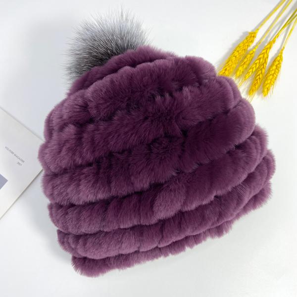 Heißer Kaninchen Fell Pompon Hüte Frauen Winter Flauschigen Warme Gestrickte Elastische Mützen Fuchs Echtpelz Stricken Hut Weiche Elastische Gestreiften Skullies