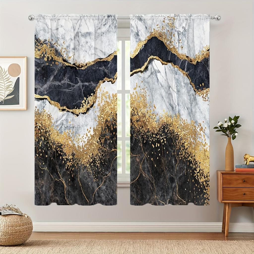 2pcs Marble Pattern Curtains Rod Pocket Decorative Window Drape Window Treatments For Bedroom Living Room Study Home Decoration