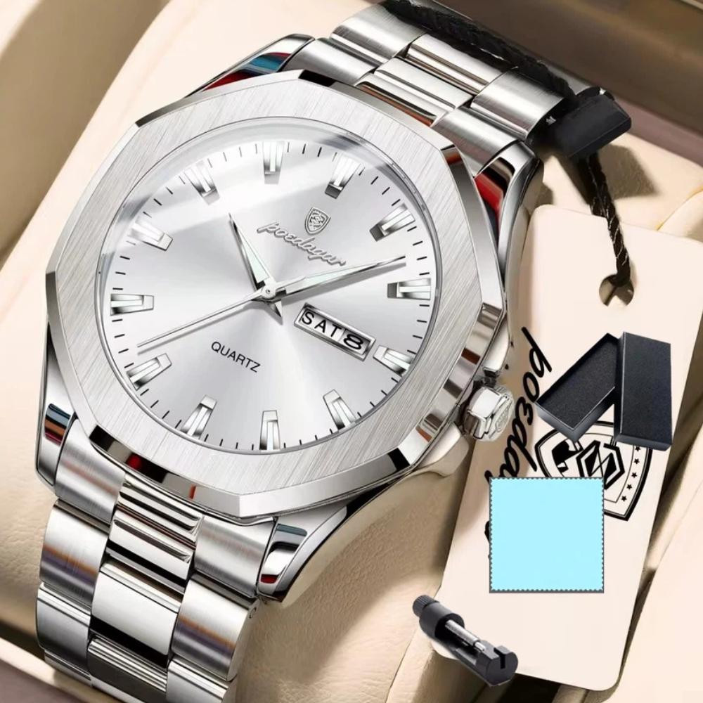POEDAGAR Luxury Men Wristwatch Waterproof Luminous Week Date Casual Clock Stainless Steel Quartz Fashion Watches Reloj