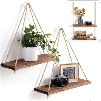 1PC Columpio de Madera Colgante Cuerda de Cáñamo Estante de Pared Montado Flotante Hogar Sala de Estar Planta Maceta Bandeja Almacenamiento Decoración de Jardín