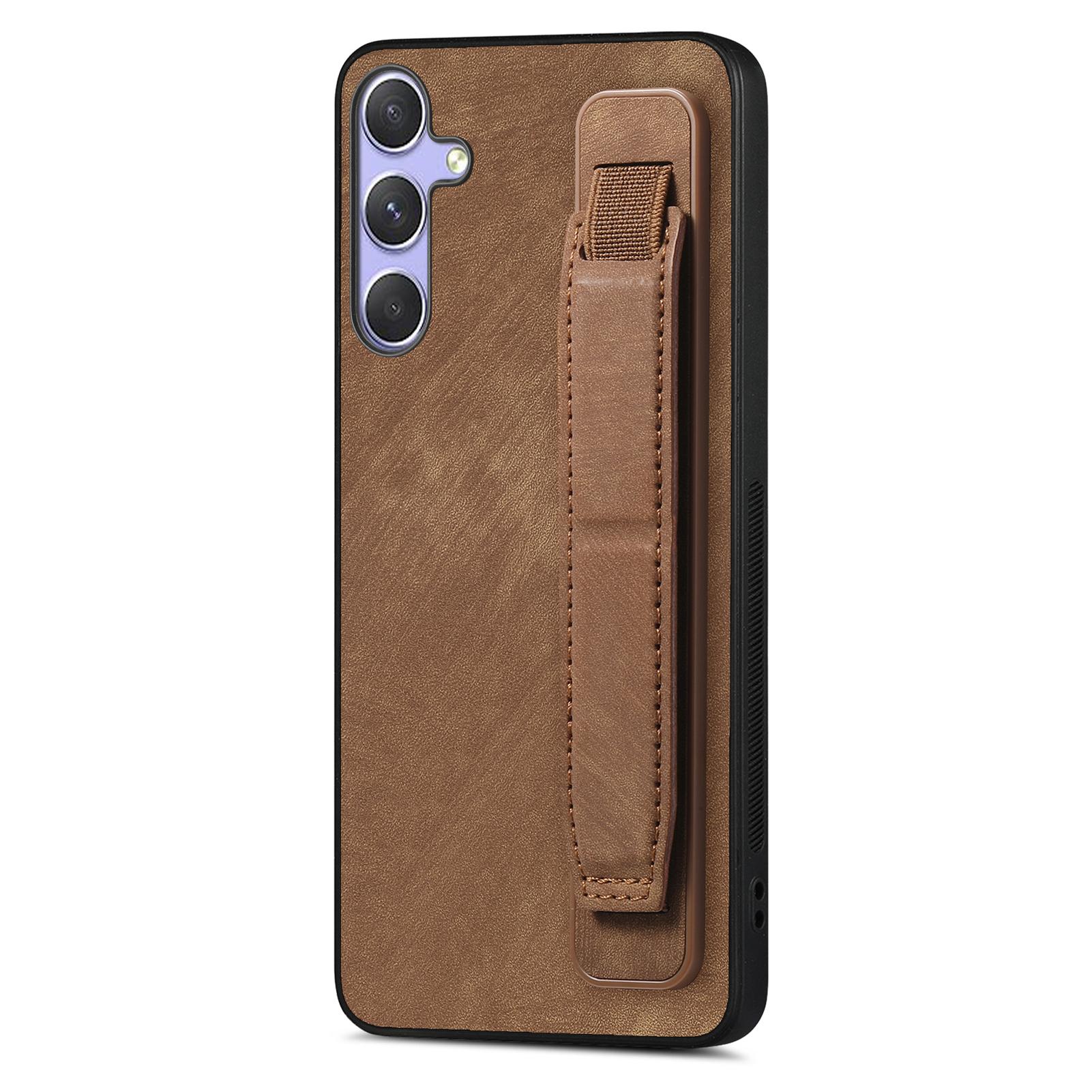 

Чехол для Samsung Galaxy S24/Galaxy S25 с подставкой-браслетом из кожи и ТПУ Brown