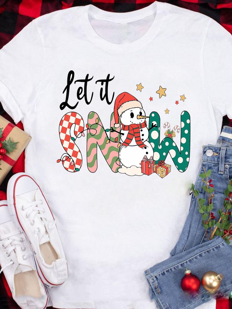 (Asian Size) Tee Top festival  Merry Christmas New Year Holiday Casual tree cute 90s Women Print Lady Short Sleeve Fashion Graphic T-shirts