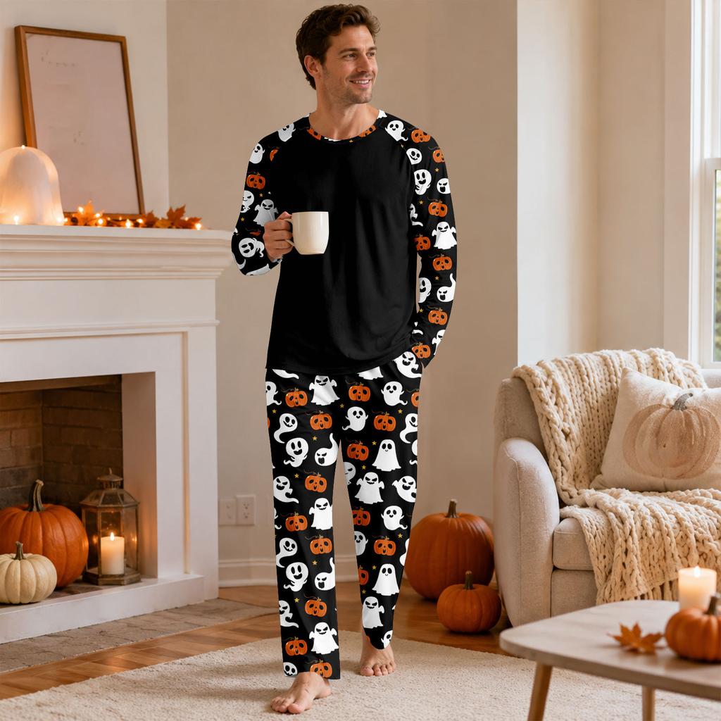 Herren Halloween Pyjama-Set mit langärmeligem Oberteil und langer Hose, lässig, bequem, Nachtwäsche