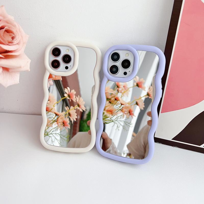 Luxury Mirror Phone Case For iPhone 15 Plus 14 13 Pro Max 12 Pro 11 Curly Wave Frame Shockproof Lens Protection Soft Cover