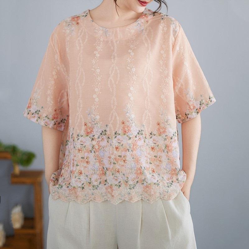 Short sleeve Oversized cotton vintage floral Casual loose t shirt tops Women summer t-shirt