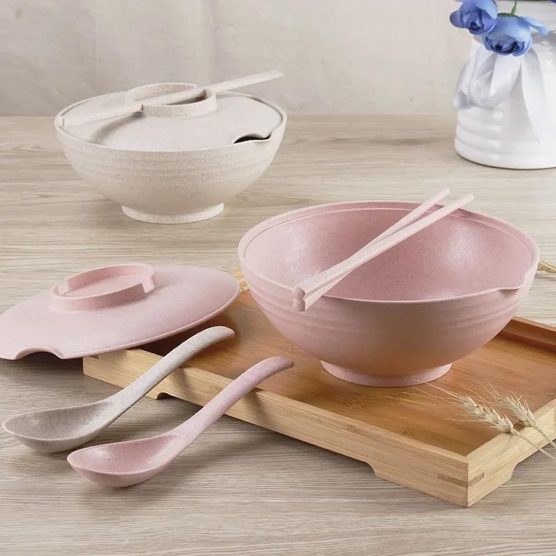 Household Bowls Spoons Chopsticks Set With Lid for Instant Food, 3pcs Wheat Straw Bowl, Instant Noodles Bowl, Kitchen Tableware