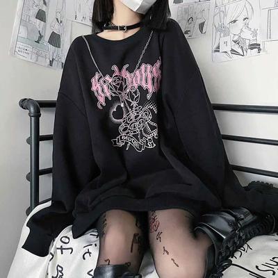 Japanese Style Sweatshirt Sweet Cool Black White Women Plus Velvet Hoodie Thick Autumn Winter Student Loose Harajuku Top