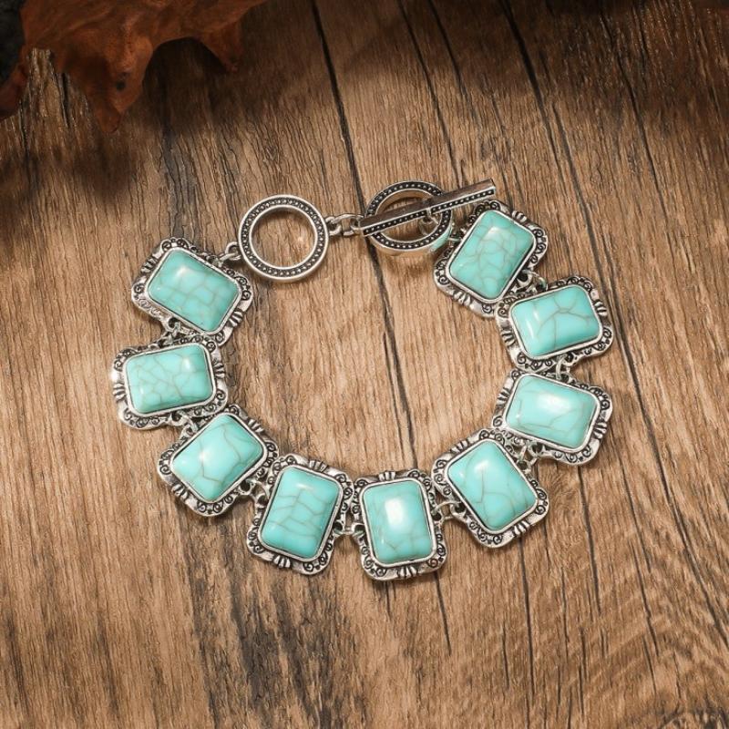 

Retro Bohemian Ethnic Style Turquoise Personalized Geometric Carving Antique Silver Bracelet/Bangle For Women A