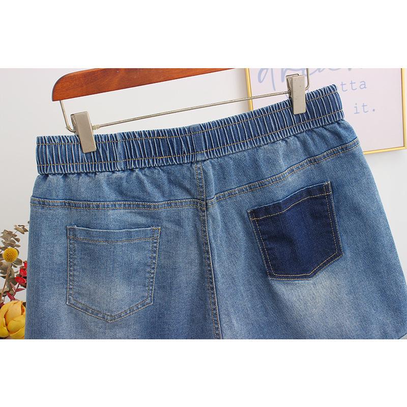Women's Plus Size Stretch Denim Shorts, Casual Elastic Waist, Straight Leg, Lightweight, Extra Large, 300 Jin