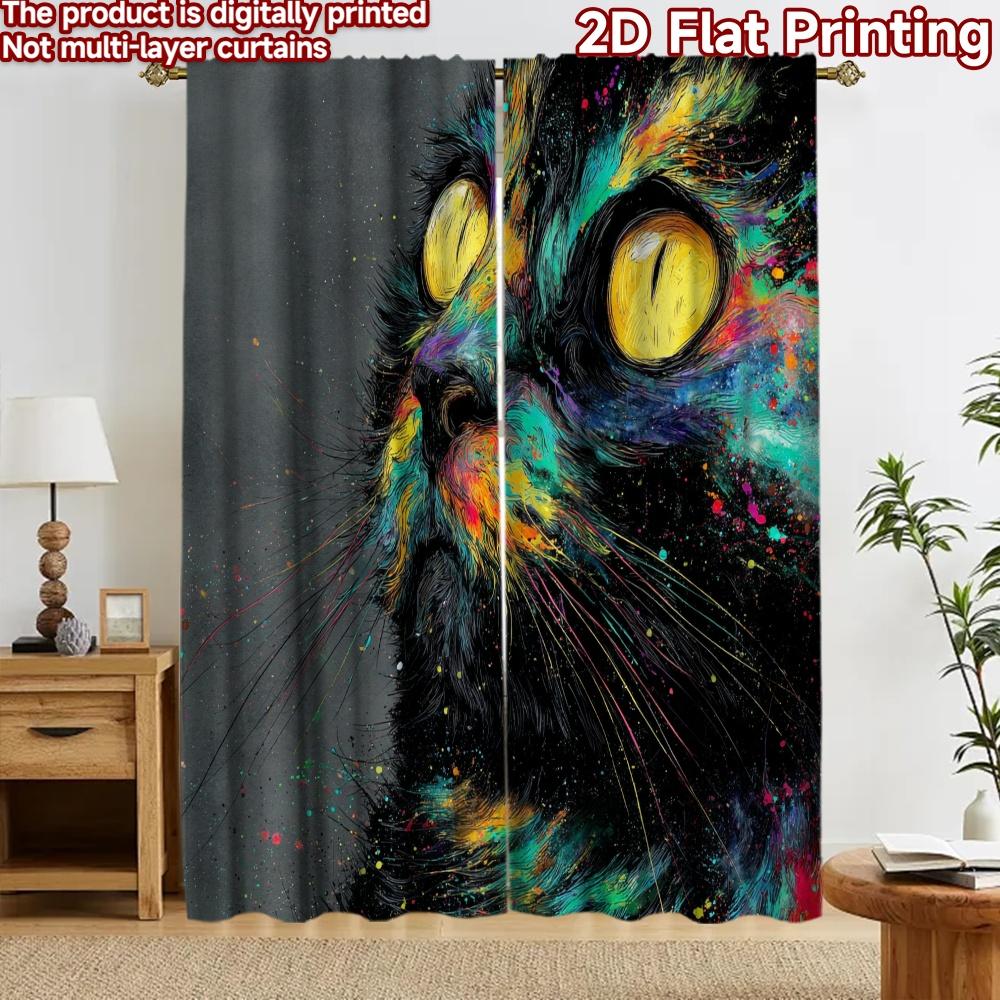 2D Flat Printing 2pcs Curtain Curtain Colorful Starry Cat Digital Printed Polyester Drapes Birthday Party Perfect for Holiday