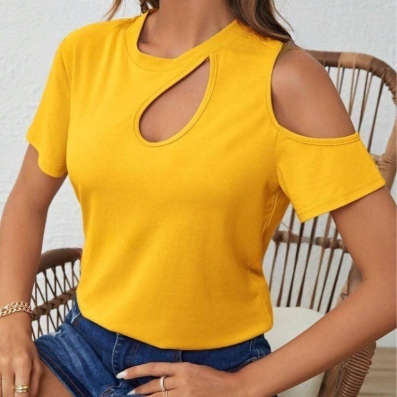 

2025 Трендовая европейская и американская женская одежда Футболка с коротким рукавом и открытыми плечами XXL жёлтый