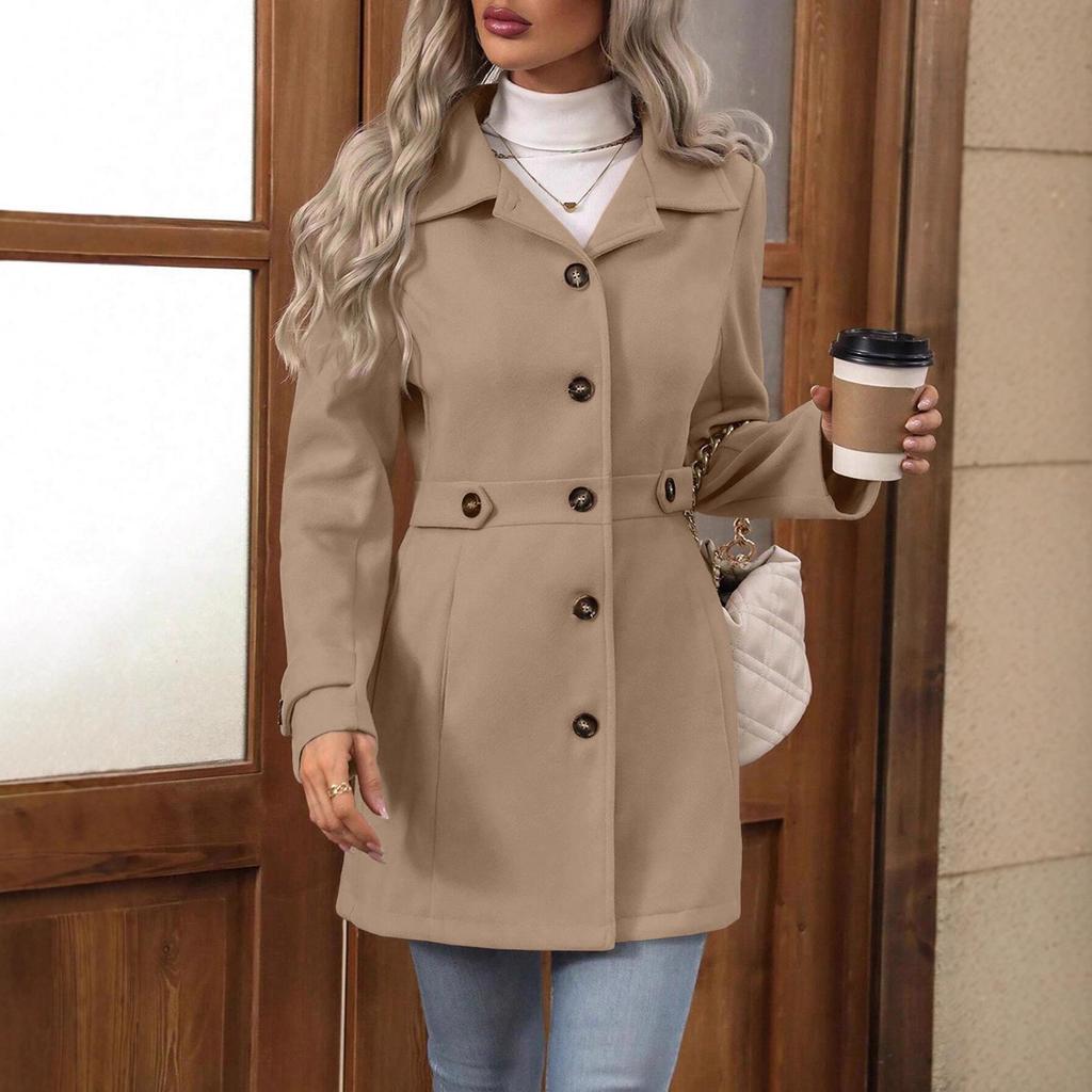 Cross2025 Autumn/Winter Elegant Plus Size Mid-Length Woolen Coat with Lapel and Button Design
