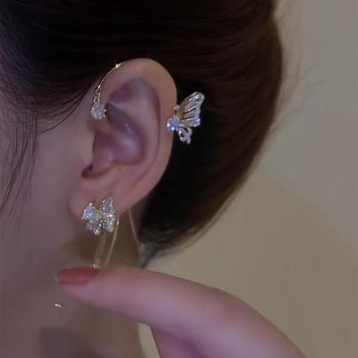 Butterfly Language Earrings Light Luxury Full of Zirconium Butterfly Flower Tassels Without Ear Holes Earrings Small and High Color Retaining Earrings