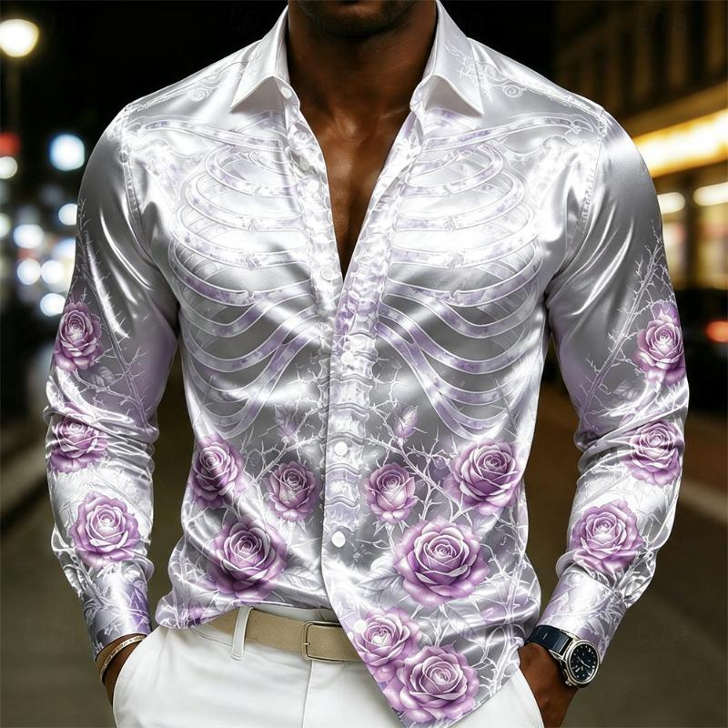 Luxury Men  Silk Satin Shirt Rose Floral Jacquard Long Sleeve Slim Fit Formal Evening Wedding Prom Party Business Dress Shirts