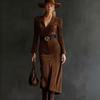 Women S Suede Blazer Neck Waist Cinched Slit Long Sleeve Dress Autumn Winter