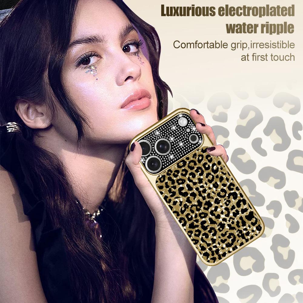 Leopard Print iPhone 17 Pro Max Case with Electroplated Water Flash Diamonds & Lens Protection