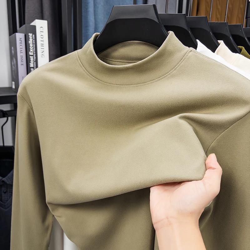 Men's Casual Solid Color High Collar Velvet Long Sleeve T-shirt Spring and Autumn Versatile Comfortable Top