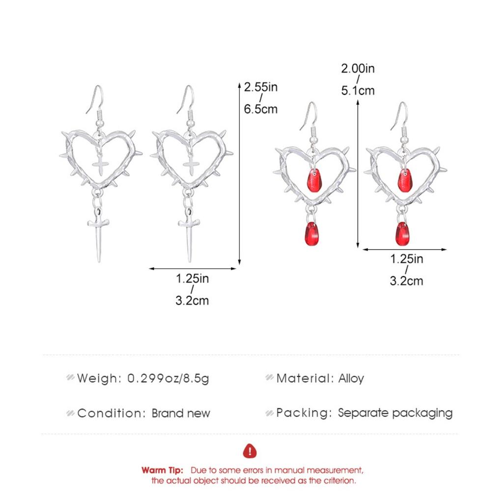 Spiked Heart Dangle Earrings With Red Drop Charms Gothic Style Silver Tone Earrings For Women