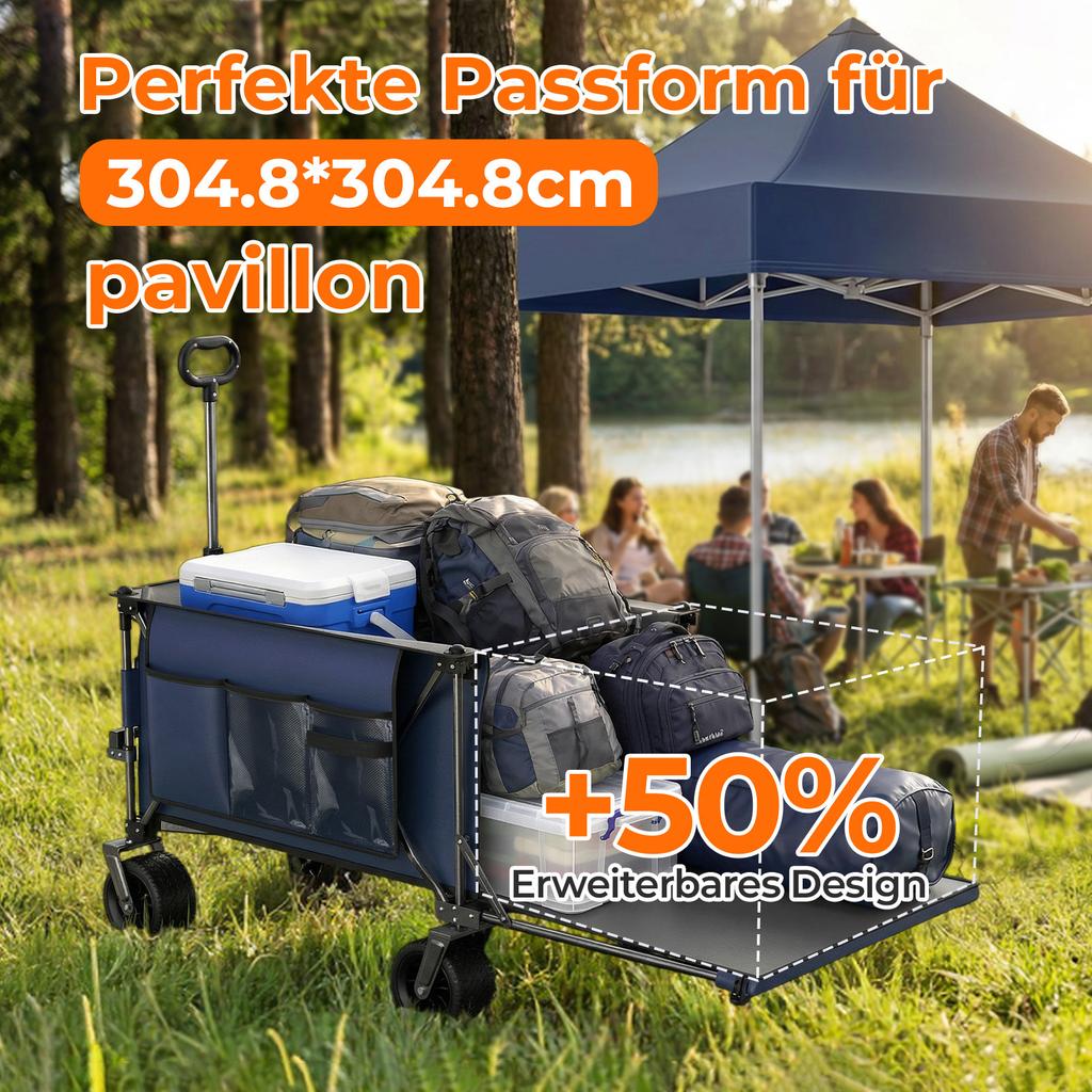 200L+100L Foldable Wagon & Tailgate, 140cm, Extra Wide 17x10 cm All-Terrain Wheels Hand Cart, Ideal for Garden, Shopping, Beach, Outdoor Use (Blue)