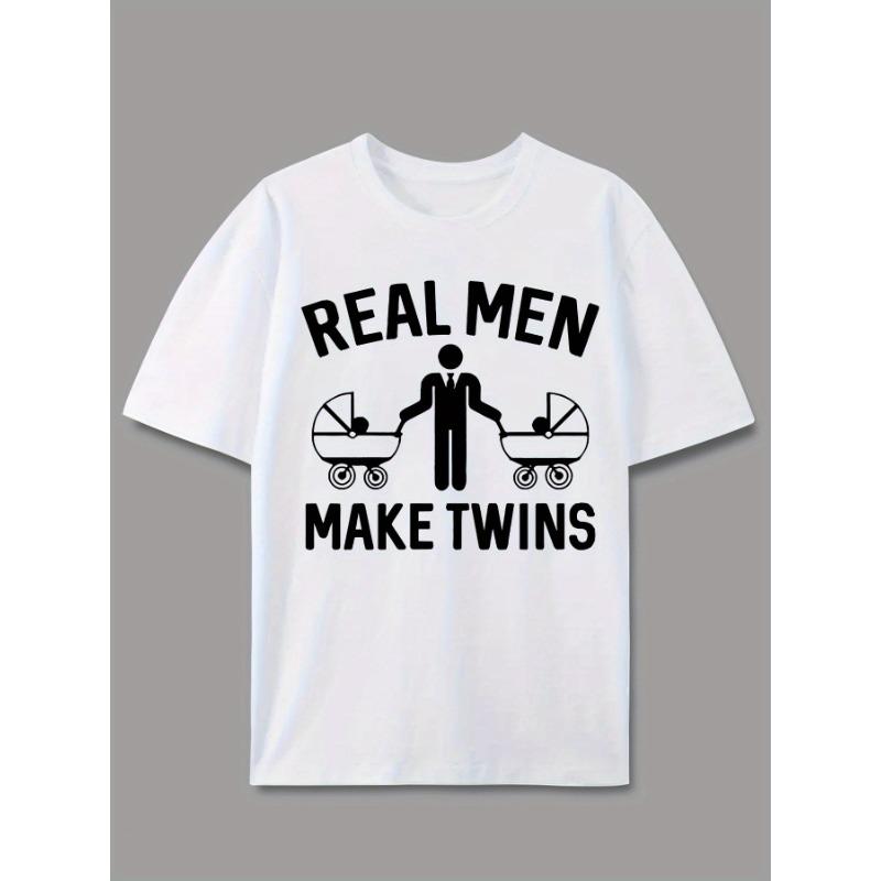 European Size Proud Dad Graphic Tee - "Real Men Make Twins" Print, Casual Summer T-Shirt for Him, Soft Stretch Fabric, Round Neck, Everyday Tshirt