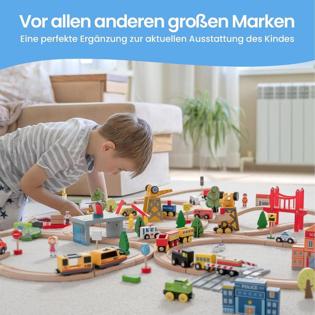 Tiny Land 55 Pieces Wooden Train Set: Wooden Railway with Crane, Combinable Toy & Accessories. Fits All Large Brands, for Children 2-5 Years