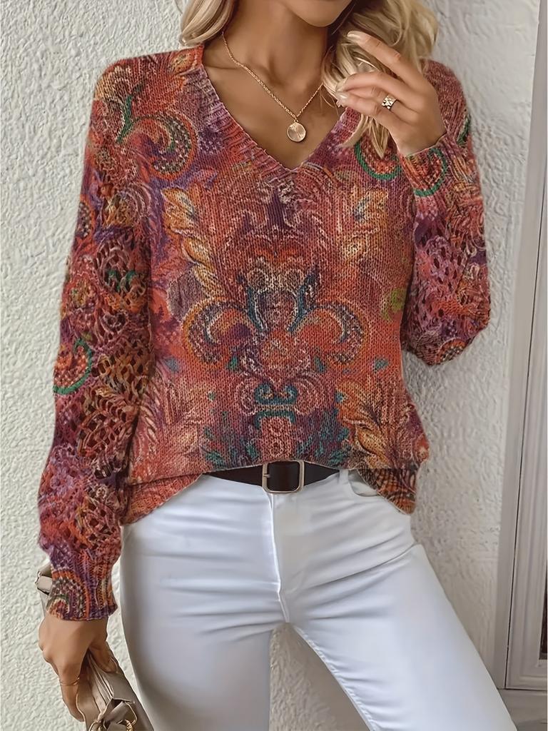 Neues bedrucktes V-Ausschnitt-Oberteil Damen beliebter Pullover Langarm Frühling und Herbst Pullover