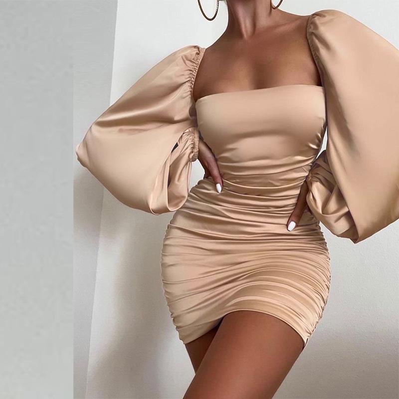 

ZL1924 Женское атласное мини-платье бодикон с квадратным вырезом, открытой спиной, драпировкой и рукавами-фонариками - 2023 Medium абрикосовый