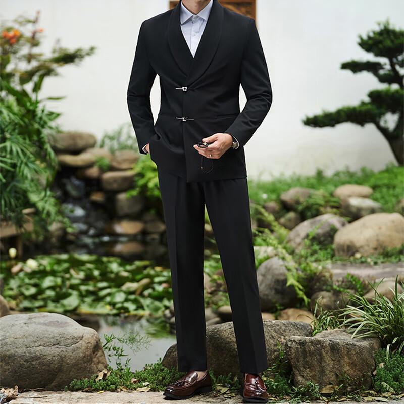 ROMON Men's New Chinese Double-Breasted Wedding Suit Set