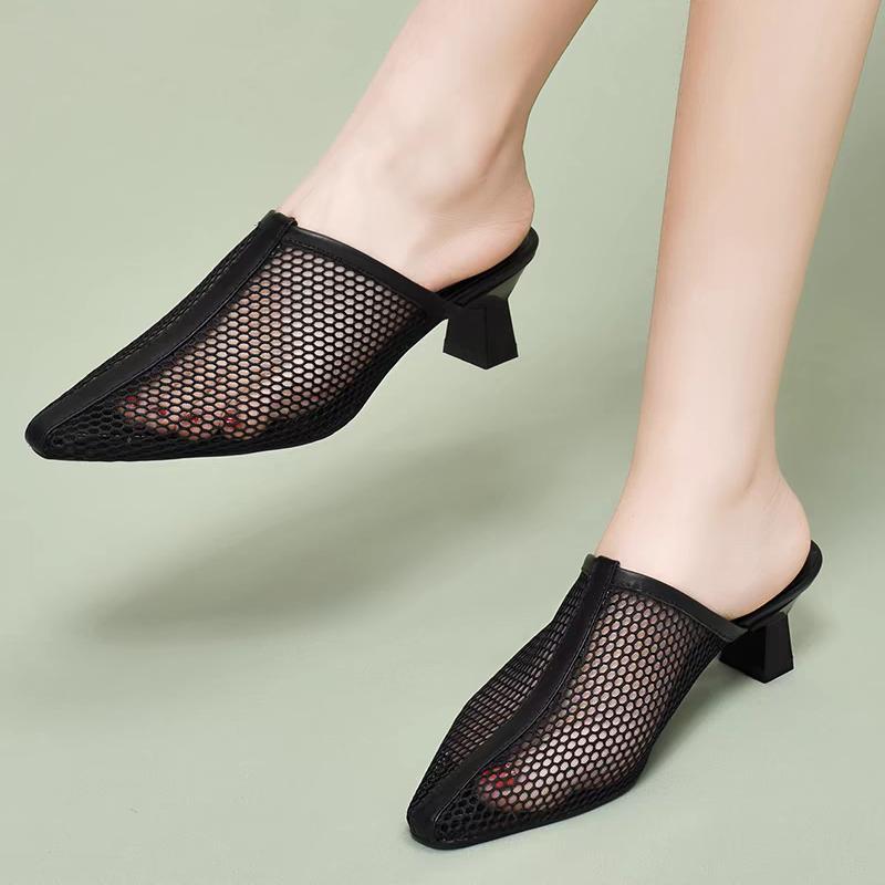 Modă 2024 Papuci de Vară pentru Femei Sexy Pantofi Muli cu Plasă Papuci de Casă de Interior Pantofi cu Vârf Ascuțit Sandale de Exterior