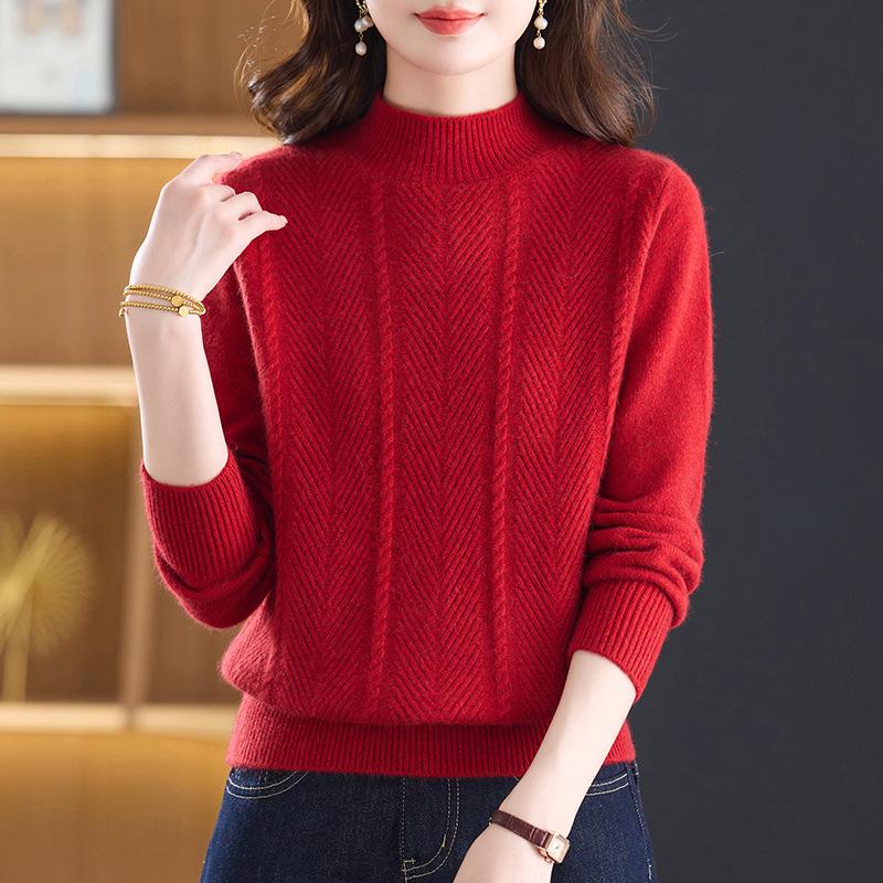 Stylish Autumn/Winter Women's Cashmere Sweater with Half-High Collar – Solid Color Thickened Wool Knitwear for Mid-Aged Mothers