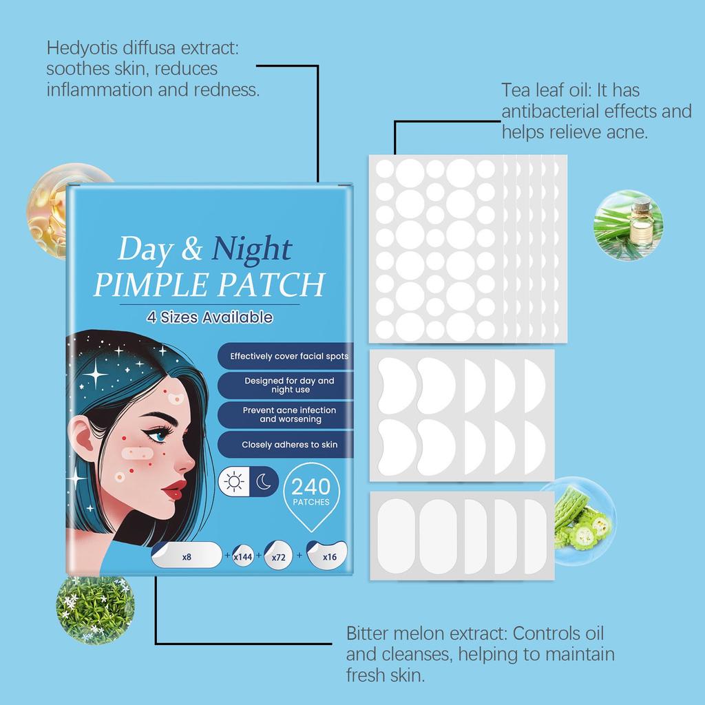Pimple Patches For Face,Zit Covers,Hydrocolloid Acne Patches Zits Cover Stickers 4 Size With Tea Leaf Oil, Hedyotis Alba Extract, Bitter Melon ,240pc
