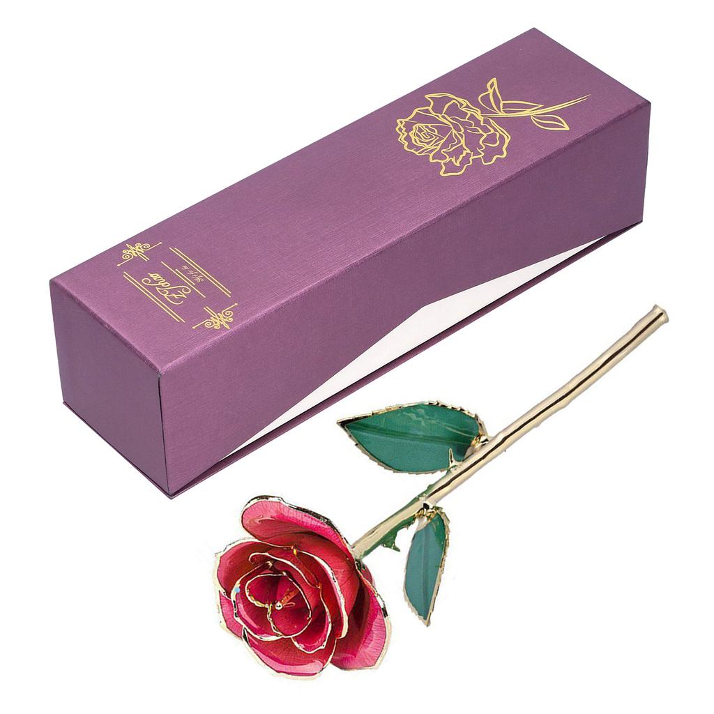 24K Vergoldete Rosenblume Pink Grünes Blatt für Valentinstag Geschenk Dekoration mit Sockel
