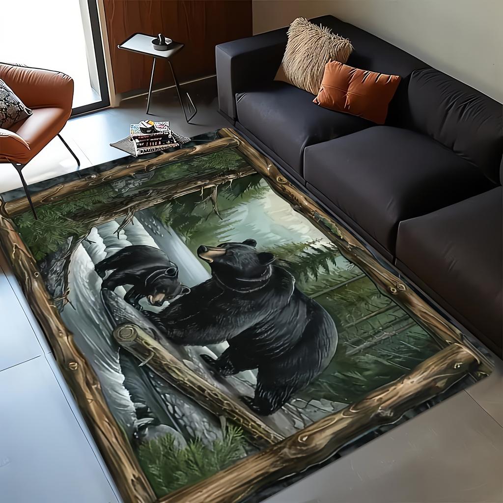 Creative Black Bear Pattern Area Rug - Rustic Animal Decorative Floor Mat for Living Room, Bedroom, Home Office, Non-Slip Mat