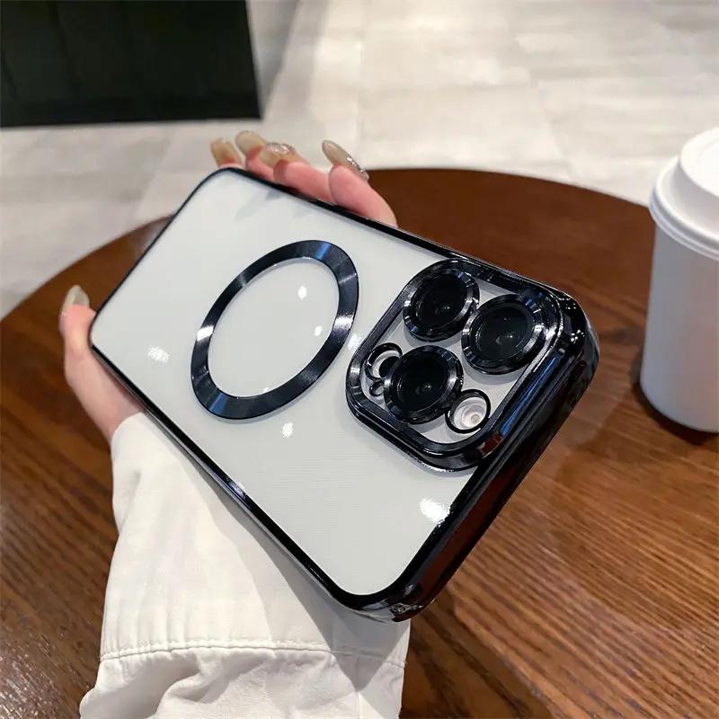 Phone Case for iPhone 11 12 13 14 15 16 Pro Max Magnetic Wireless Charge Protective Cover Lightweight Clear Soft TPU Lens Film