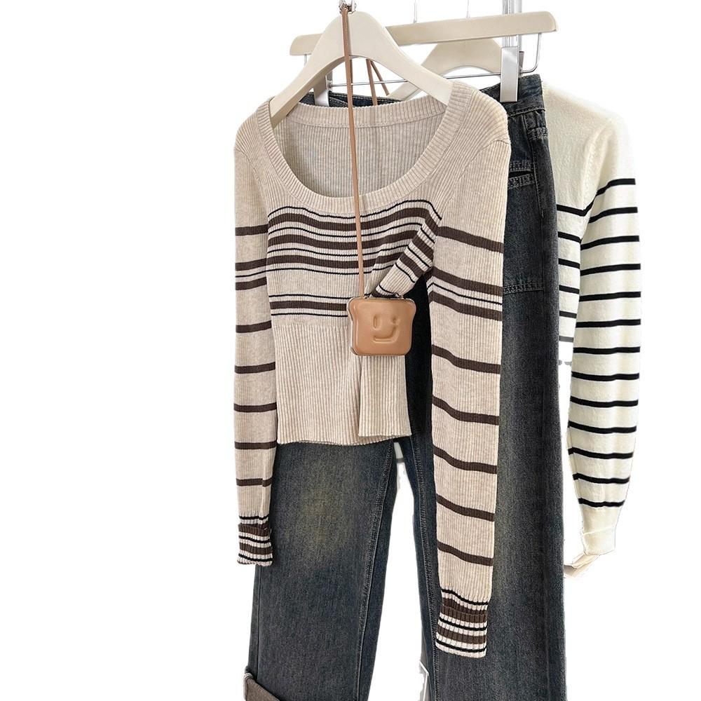 Core-spun yarn washing water, striped square neck front shoulder long-sleeved knitted sweater women's short autumn and winter thin sweater
