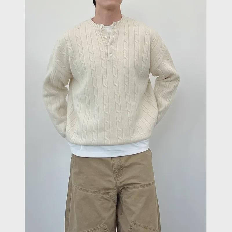 Men's Korean Style High-End Henley Collar Sweater - Heavy Woven, Twisted Knit, Loose Fit for Spring & Autumn