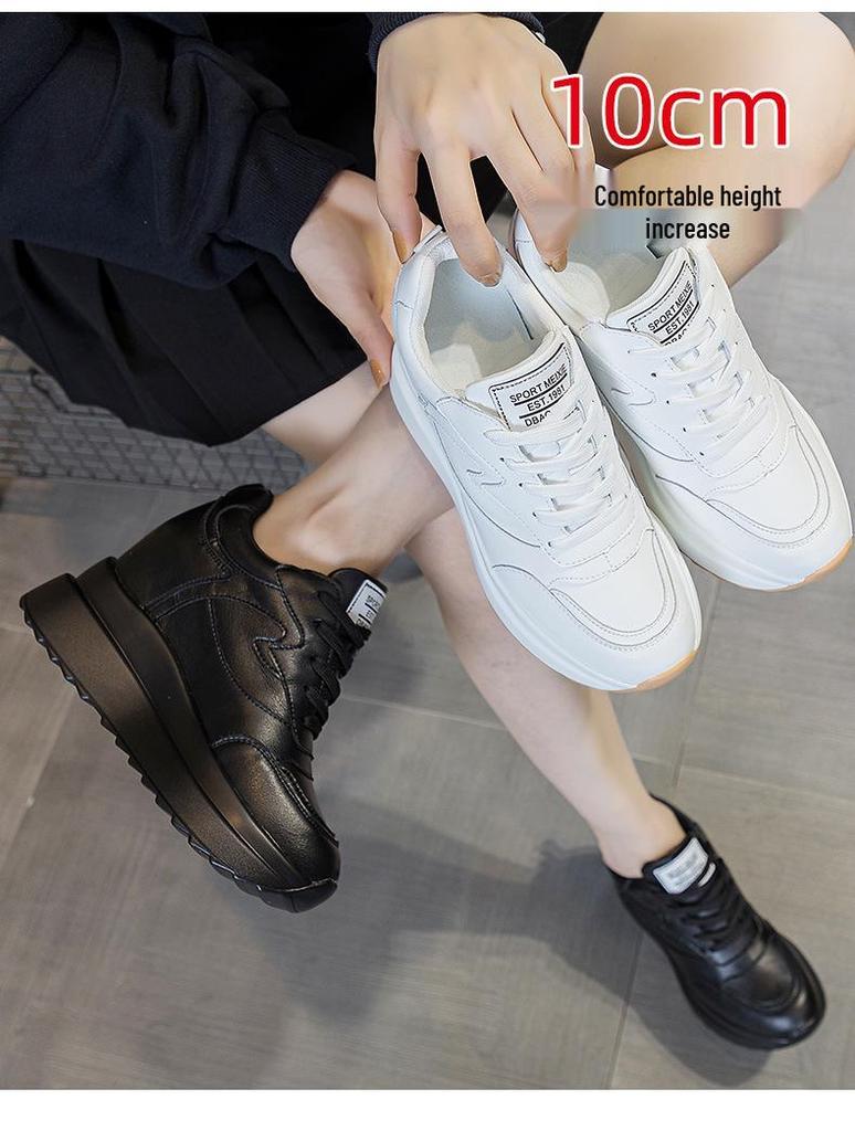 Women's 2025 Spring Height-Increasing White Sneakers - 10CM Thick Sole, Genuine Leather, Casual Sports Shoes
