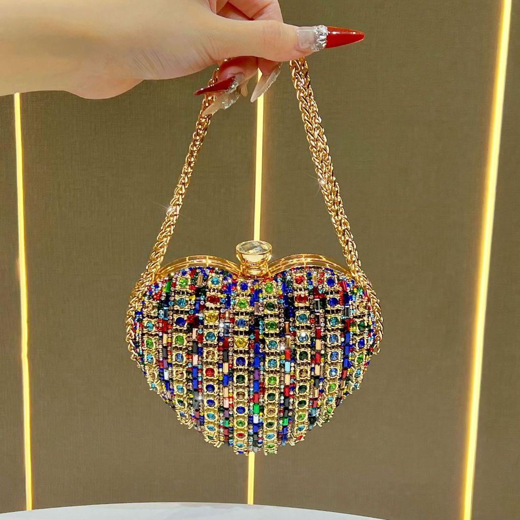 Pochette a Forma di Cuore con Strass Scintillanti e Tracolla a Catena per Eventi Serale