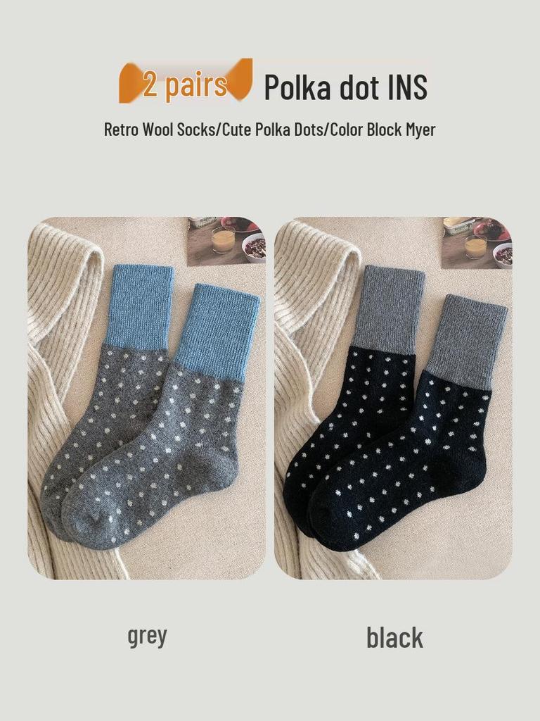 Women's Retro Polka Dot Mid-Calf Cashmere Socks - Warm & Thickened for Autumn/Winter