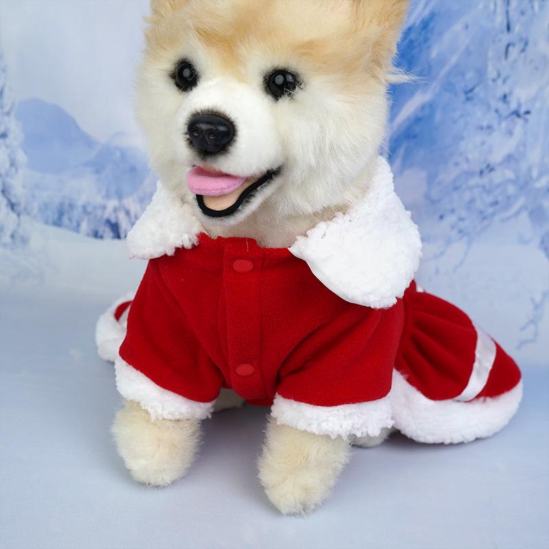 Thickened Red Santa Pet Dress with Bell and Peter Pan Collar