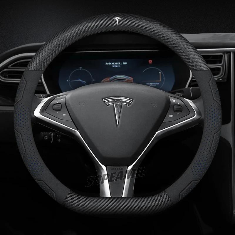 TDMC1 For Tesla Roadster Model 3 Model Y Model S Model X Car Leather Carbon Fiber Anti-Slip Protector Steering Wheel Cover Accessories
