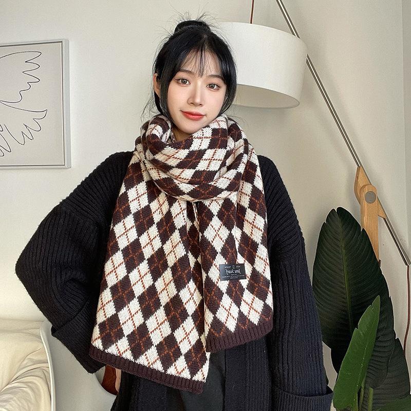 Japanese Rhombus Plaid Wool Scarf Women's Autumn and Winter Korean Version Warm Versatile College Style Knitted Couple Scarf Men